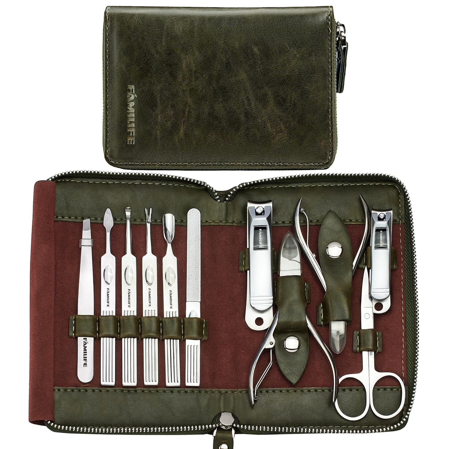 FAMILIFE Manicure Set, L23 11 in 1 Stainless Steel Mens Manicure Kit Leather Pedicure Tools Kit Grooming Kit with Travel Case Box Gift For Father